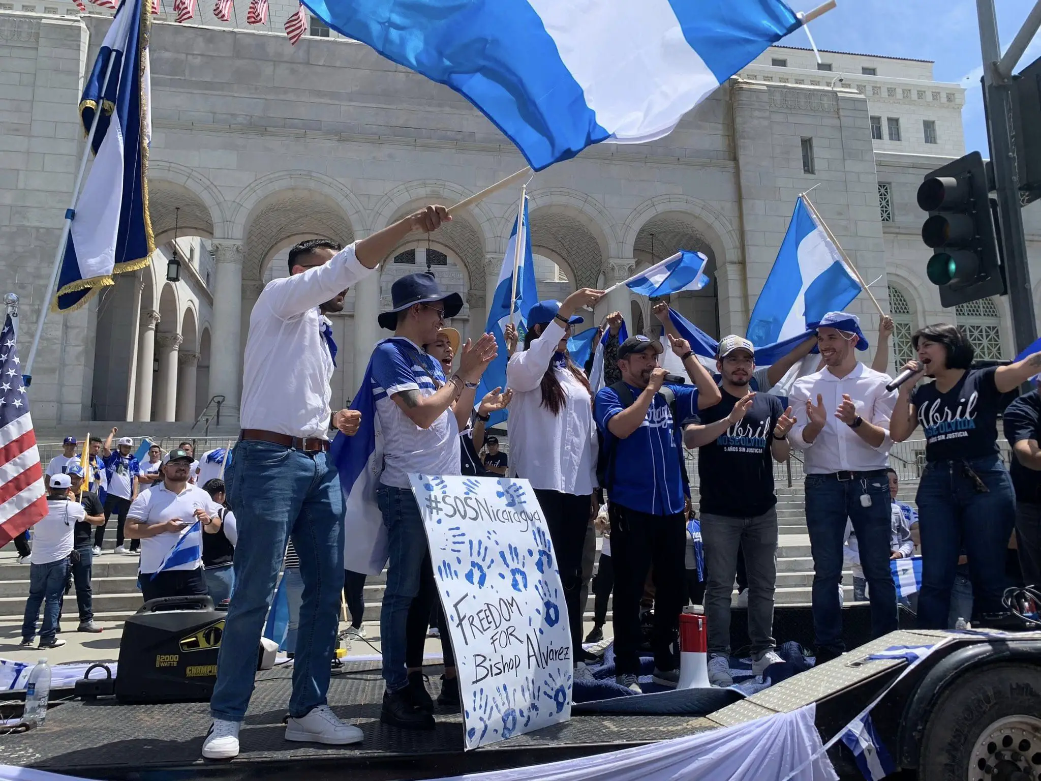 Nicaraguans march through the main roads of Miami, Florida