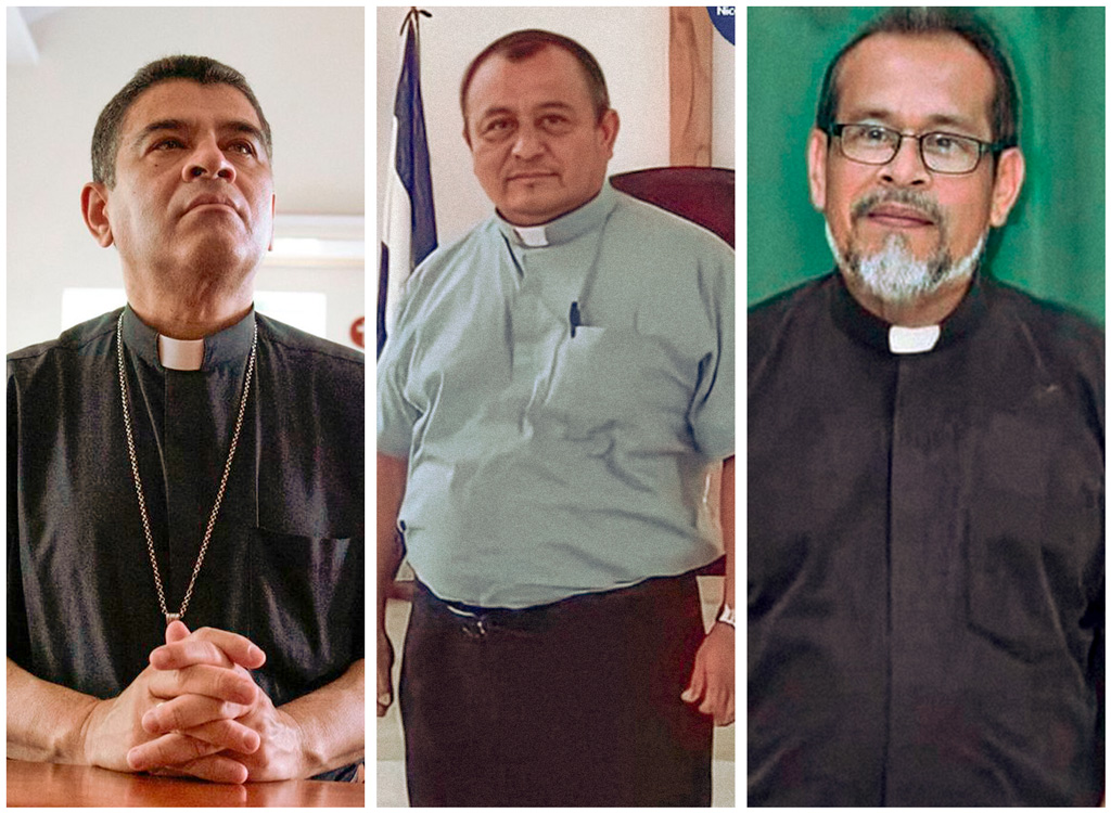 El obispo preso político Rolando Álvarez y dos sacerdotes condenados en Nicaragua.