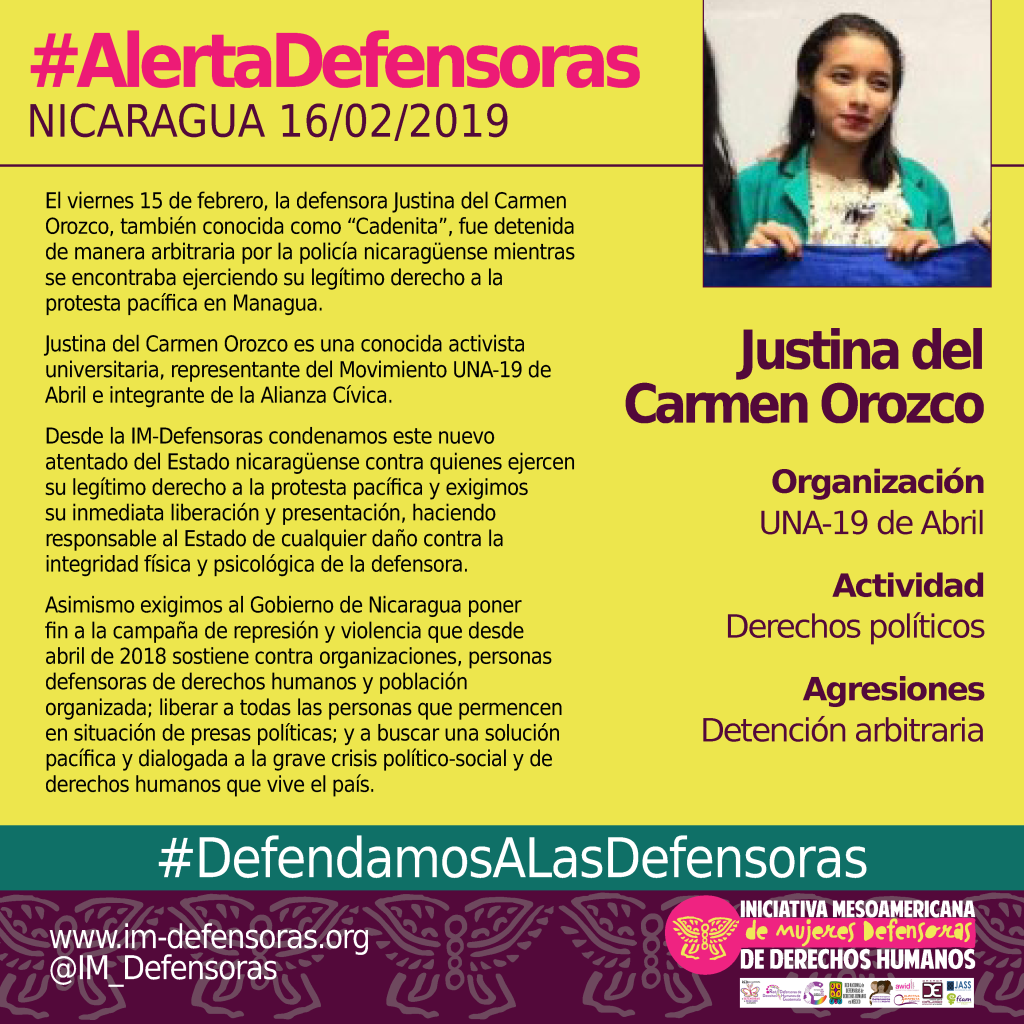 Cartel en demanda de libertad de Justina Orozco