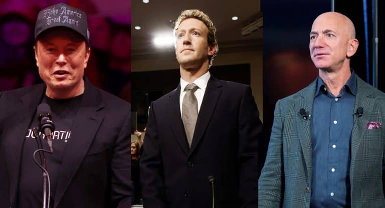 Elon Musk, dueño de X; Mark Zuckerberg, CEO de Meta; y Jeff Bezos, presidente ejecutivo de Amazon.