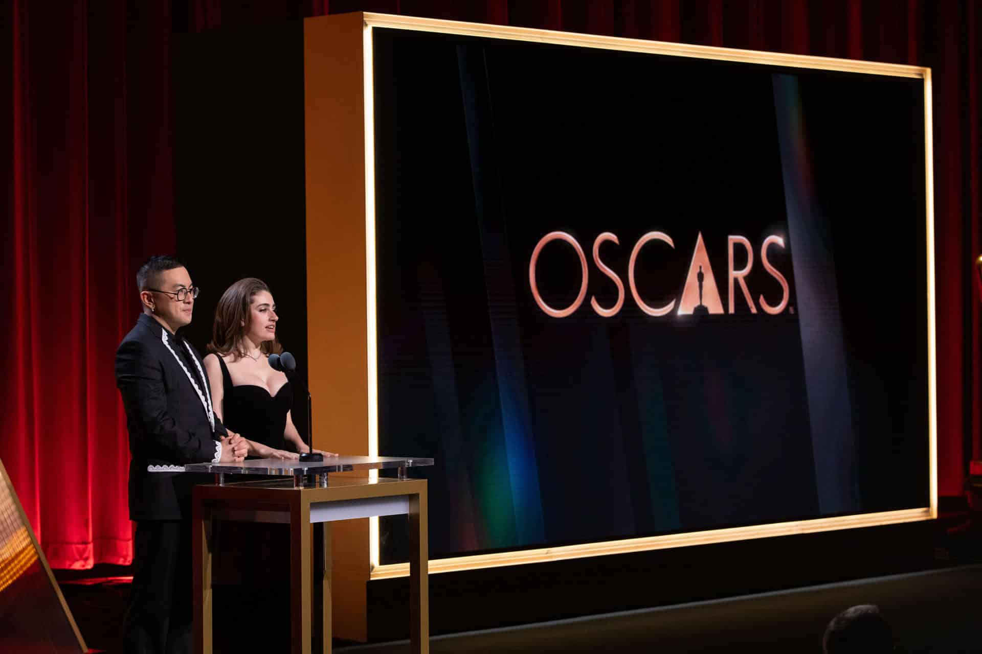 Presenters Bowen Yang and Rachel Sennott announcing the Oscar nominees.