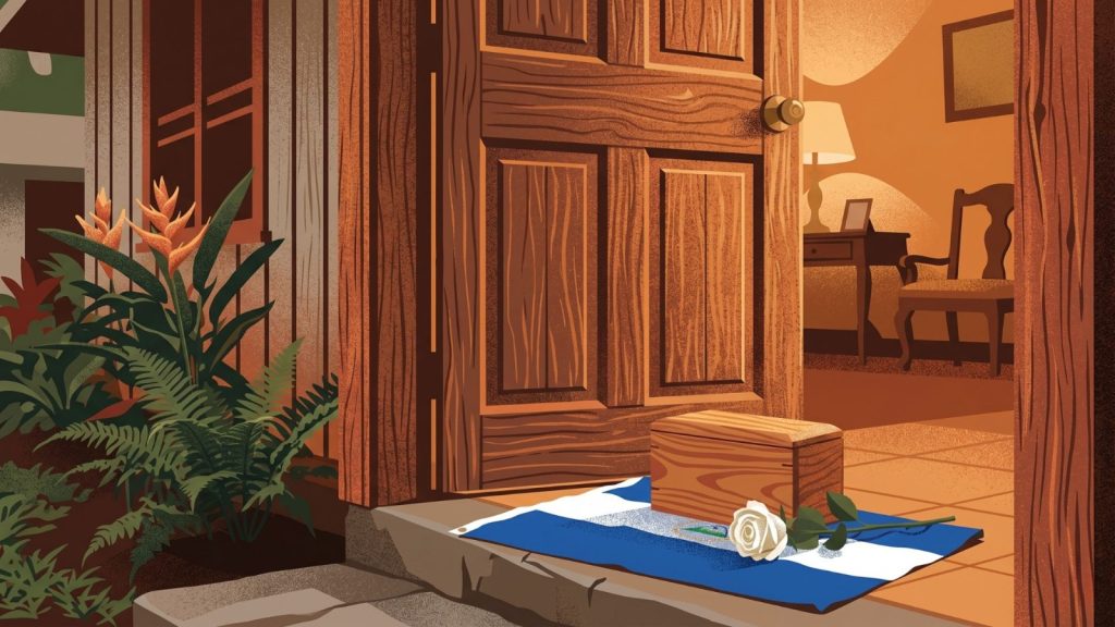 Ilustración de una bandera de Nicaragua y una caja que guarda las cenizas de alguien que falleció fuera del país.